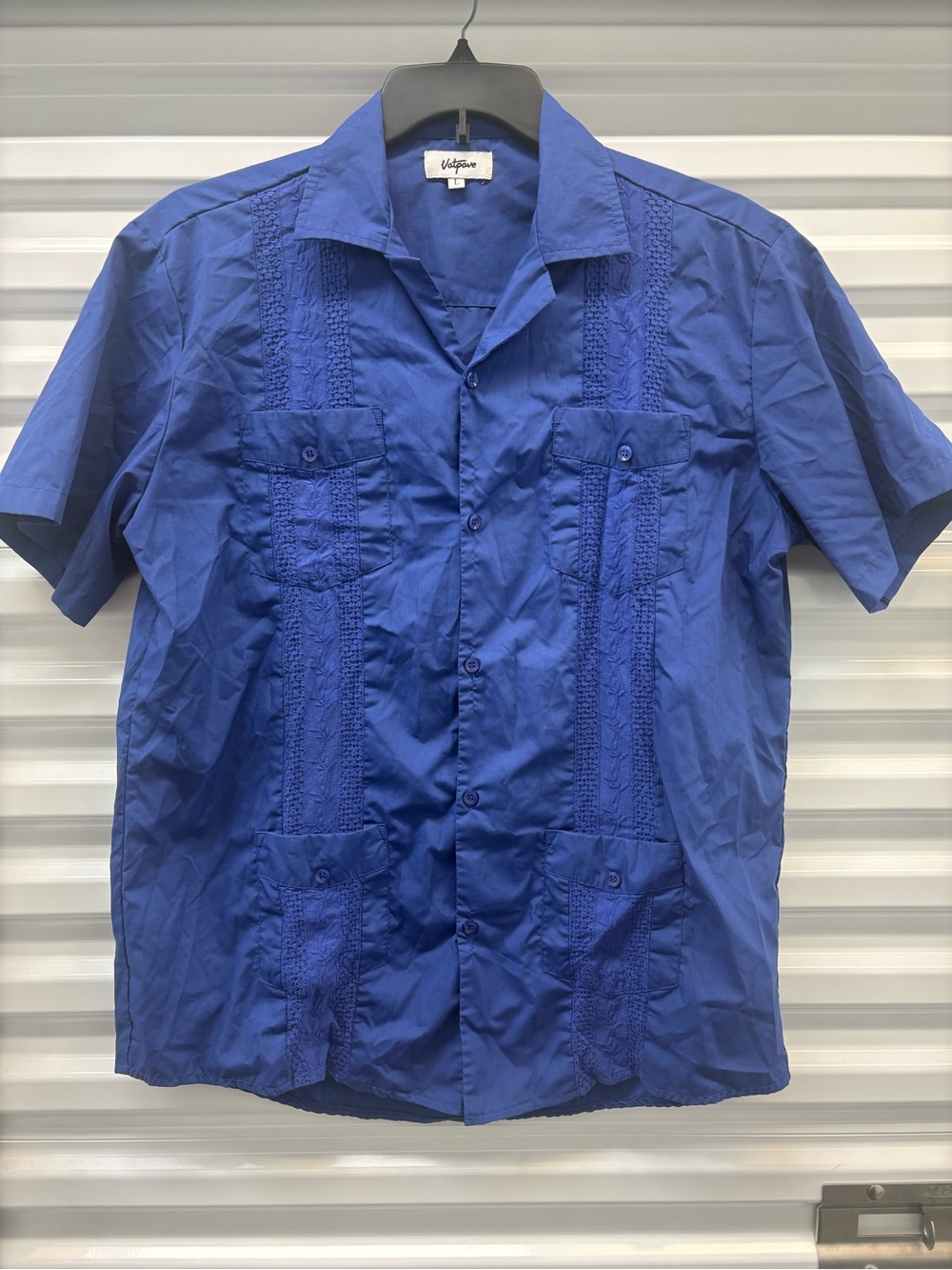 Vatpave Blue Solid Short Sleeve Button-Up Shirt Pockets Men's Size L Regular